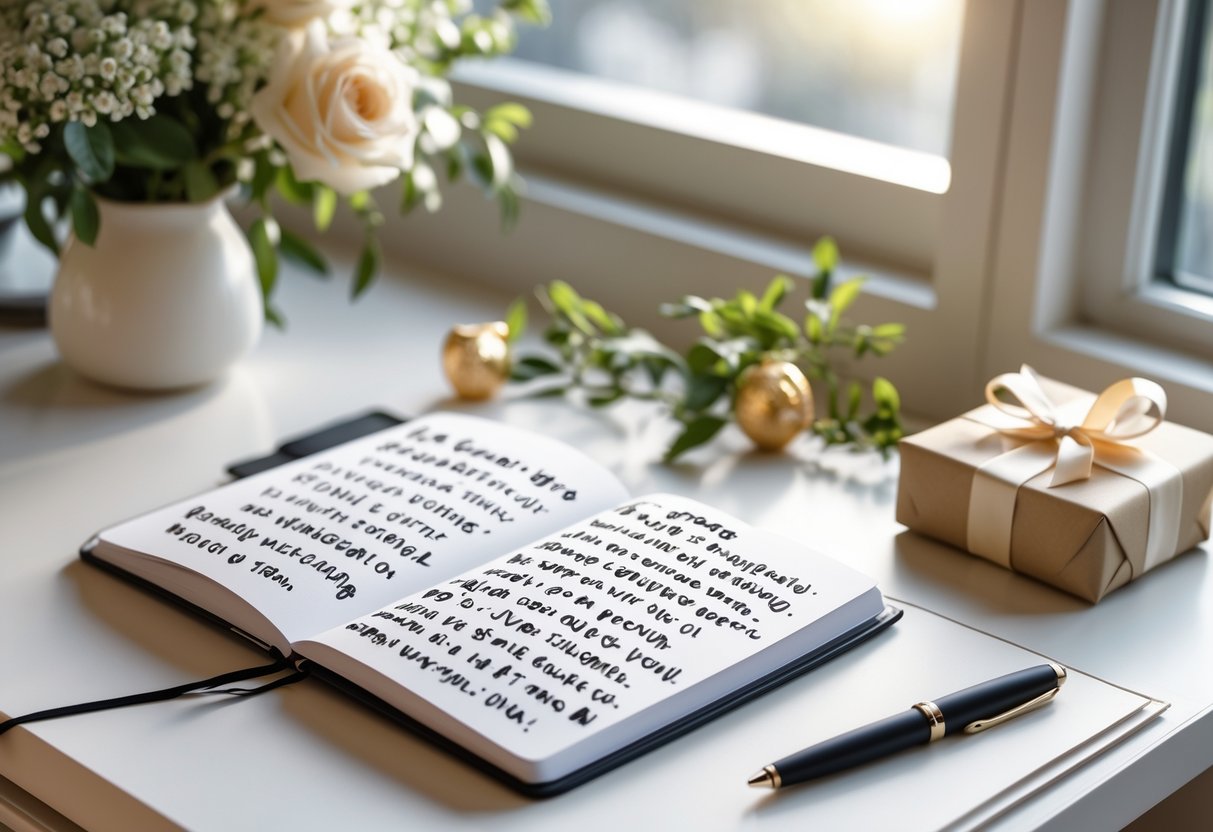 A desk with an open notebook showing handwritten anniversary quotes, a pen, a bouquet of flowers, and a wrapped gift box on a bright workspace.