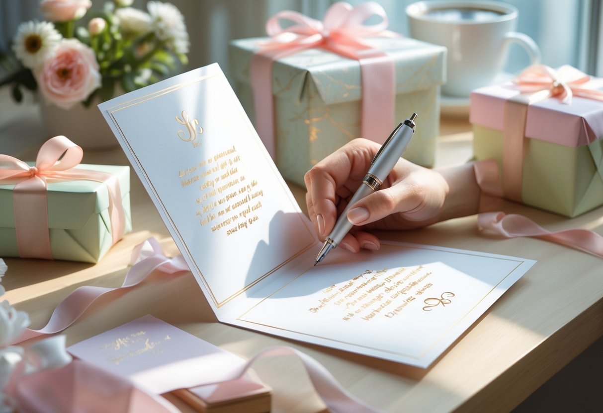 A hand writing a message inside a greeting card on a desk with wrapped gift boxes and flowers nearby.