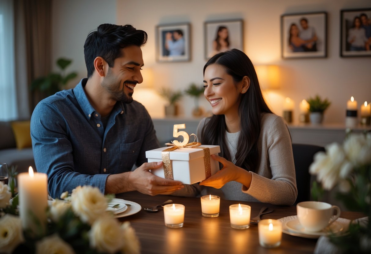 A couple smiling and exchanging a gift at a cozy dining table decorated for their 5-year anniversary celebration.