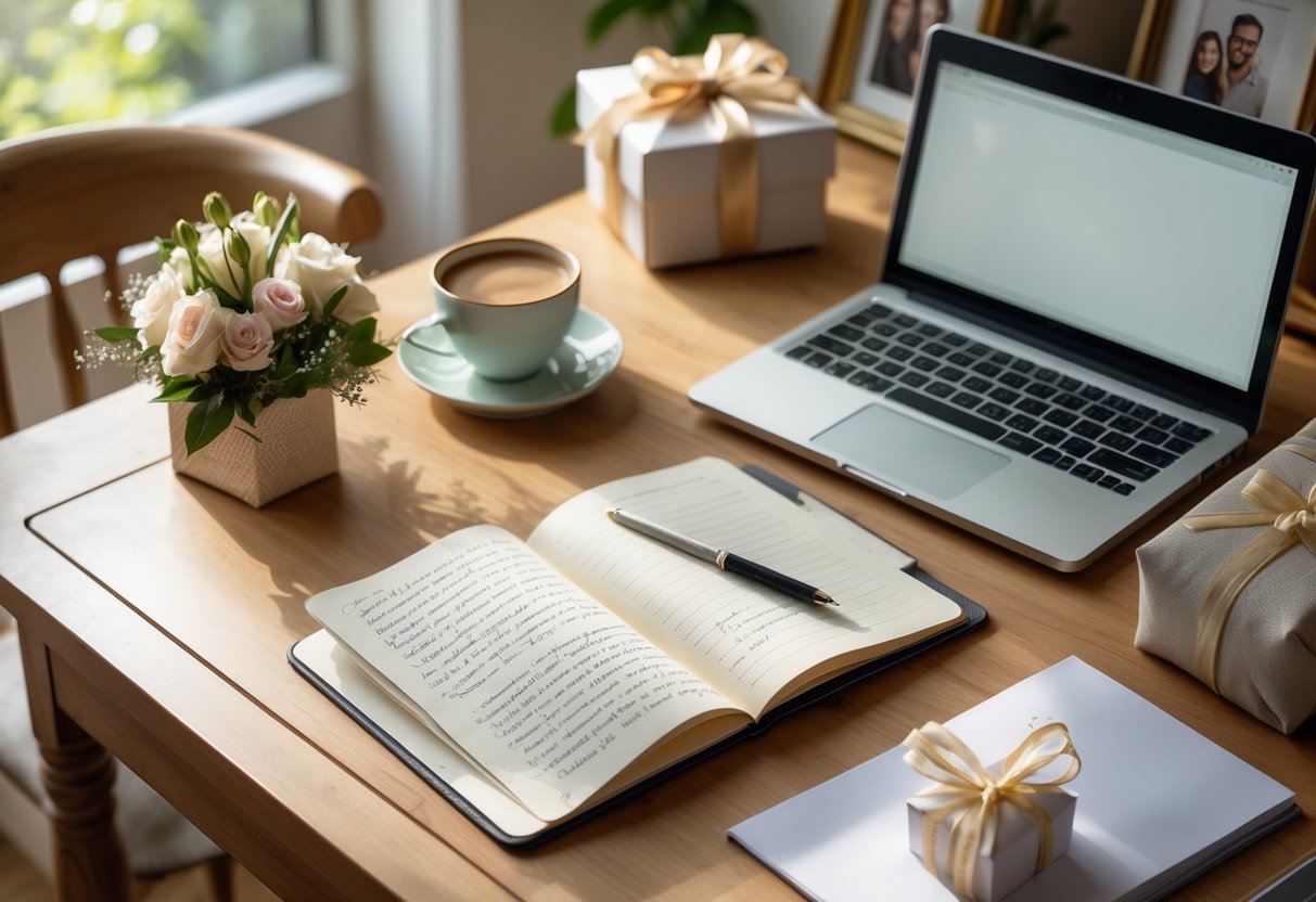 A tidy desk with an open notebook, laptop, coffee cup, flowers, and a wrapped gift box, set up for writing an anniversary message.