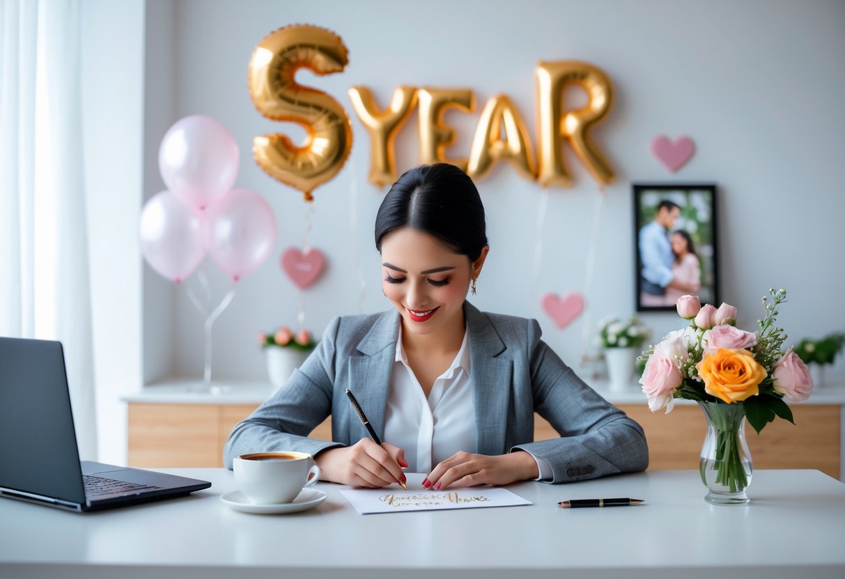 Person writing an anniversary message on a greeting card at a tidy desk with flowers and a laptop nearby.