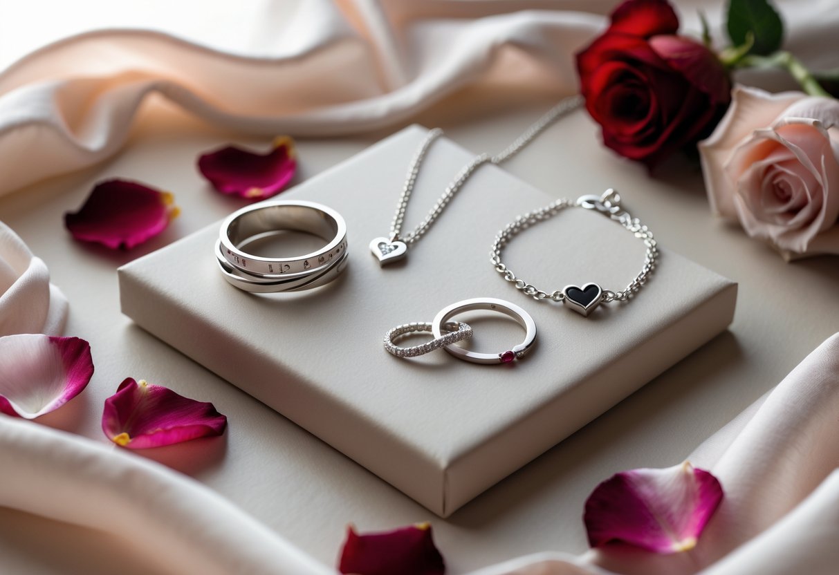 A close-up of elegant anniversary jewelry including silver rings, a bracelet with a heart charm, and a pendant necklace arranged on soft fabric with rose petals.