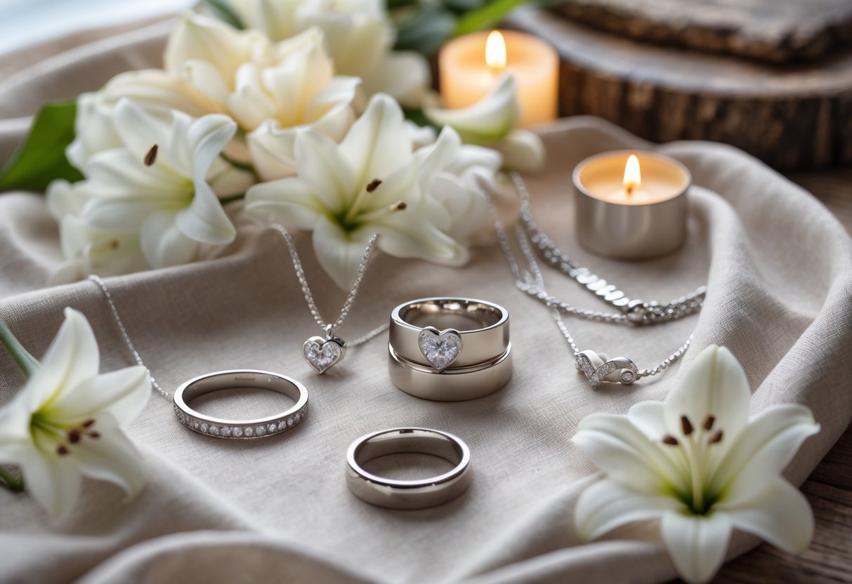 A close-up of elegant silver jewelry including a bracelet, heart-shaped pendant necklace, and wedding bands displayed on soft fabric with white flowers and warm candlelight in the background.