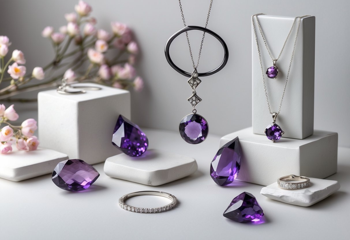 A collection of iron and amethyst jewelry pieces arranged on a neutral background with soft lighting and floral accents.