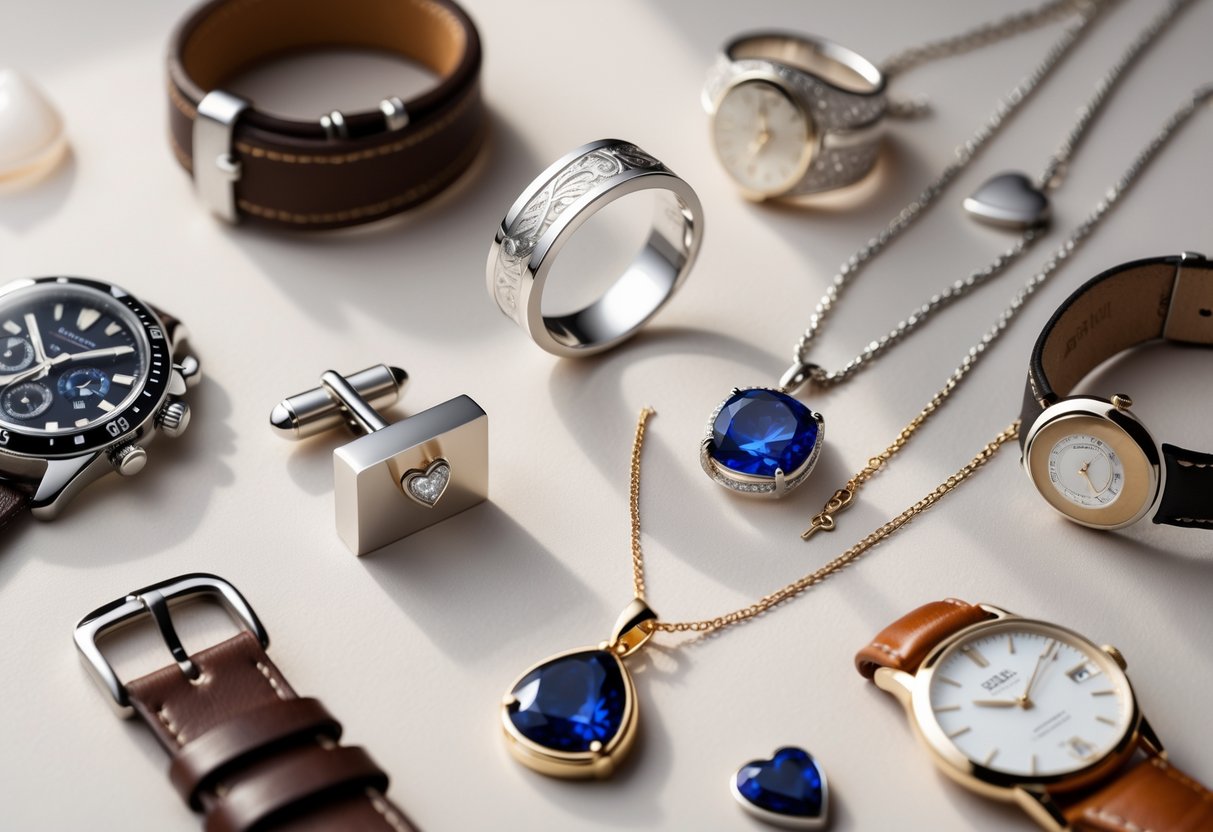Six pieces of elegant jewelry including a leather bracelet, engraved ring, sapphire pendant, cufflinks, heart-shaped necklace, and leather strap watch arranged on a soft background.