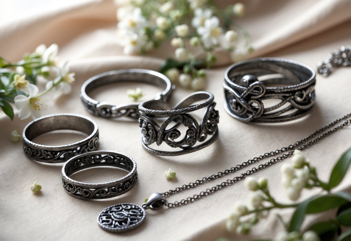 Close-up of elegant iron rings, bracelets, and necklaces arranged on soft fabric with small white flowers and green leaves.