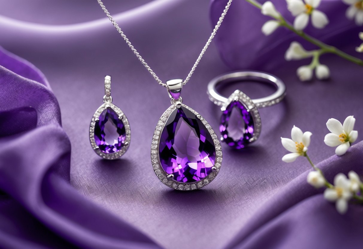 Close-up of amethyst jewelry including a pendant and earrings displayed on soft purple fabric with small white flowers nearby.