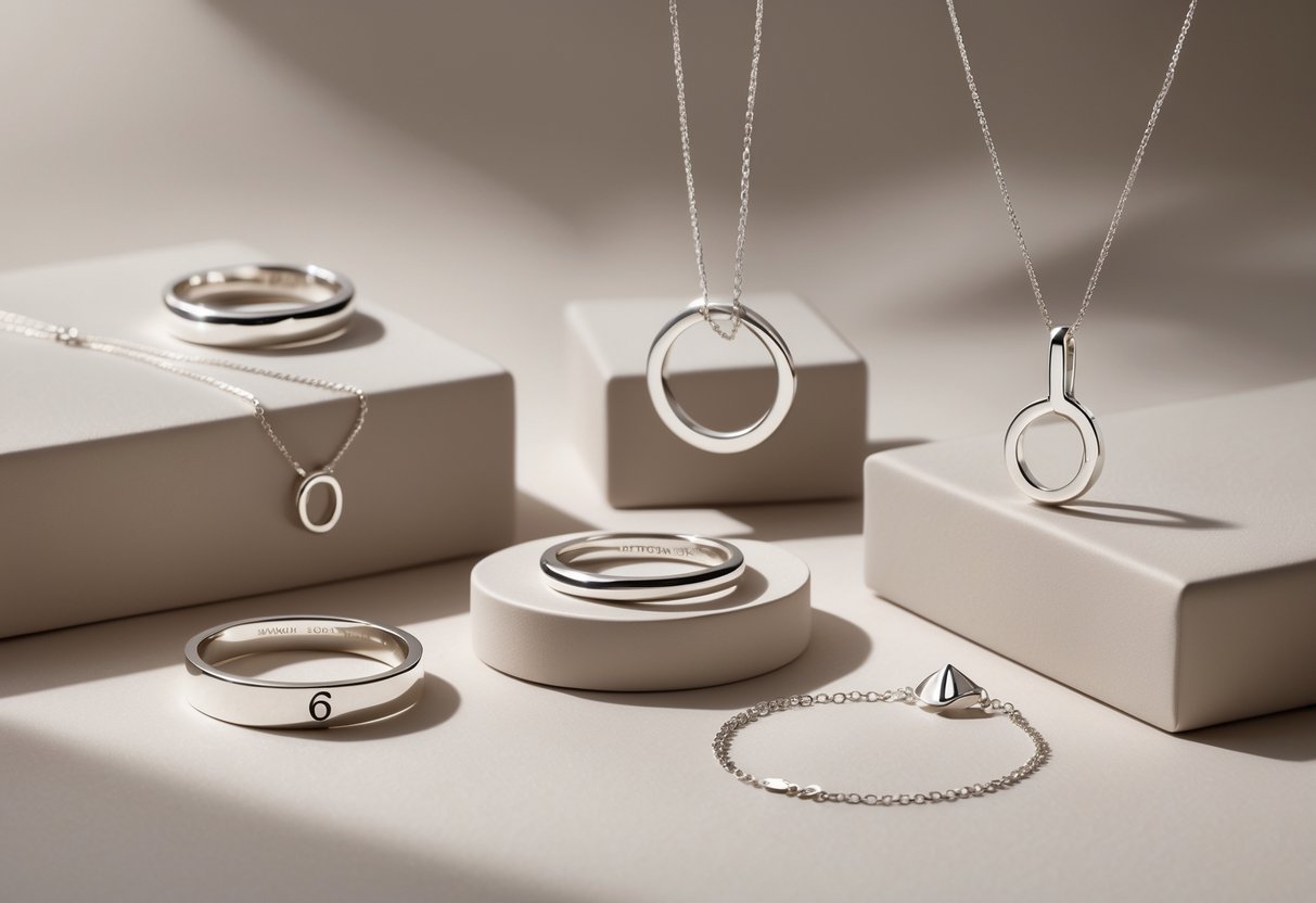 A close-up of sterling silver anniversary rings, bracelets, and pendants arranged on a soft background.