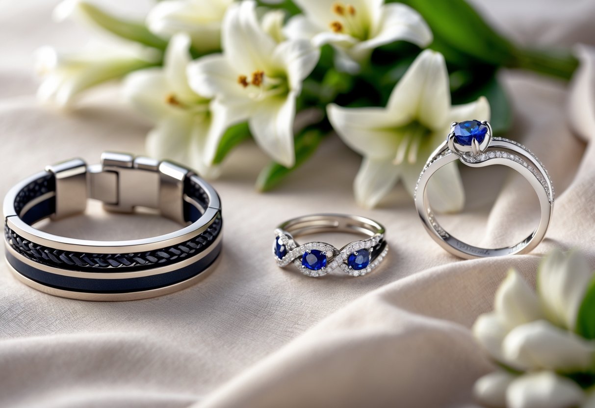 Close-up of men's bracelet, women's necklace, and couple's rings arranged together on soft fabric with flowers in the background.