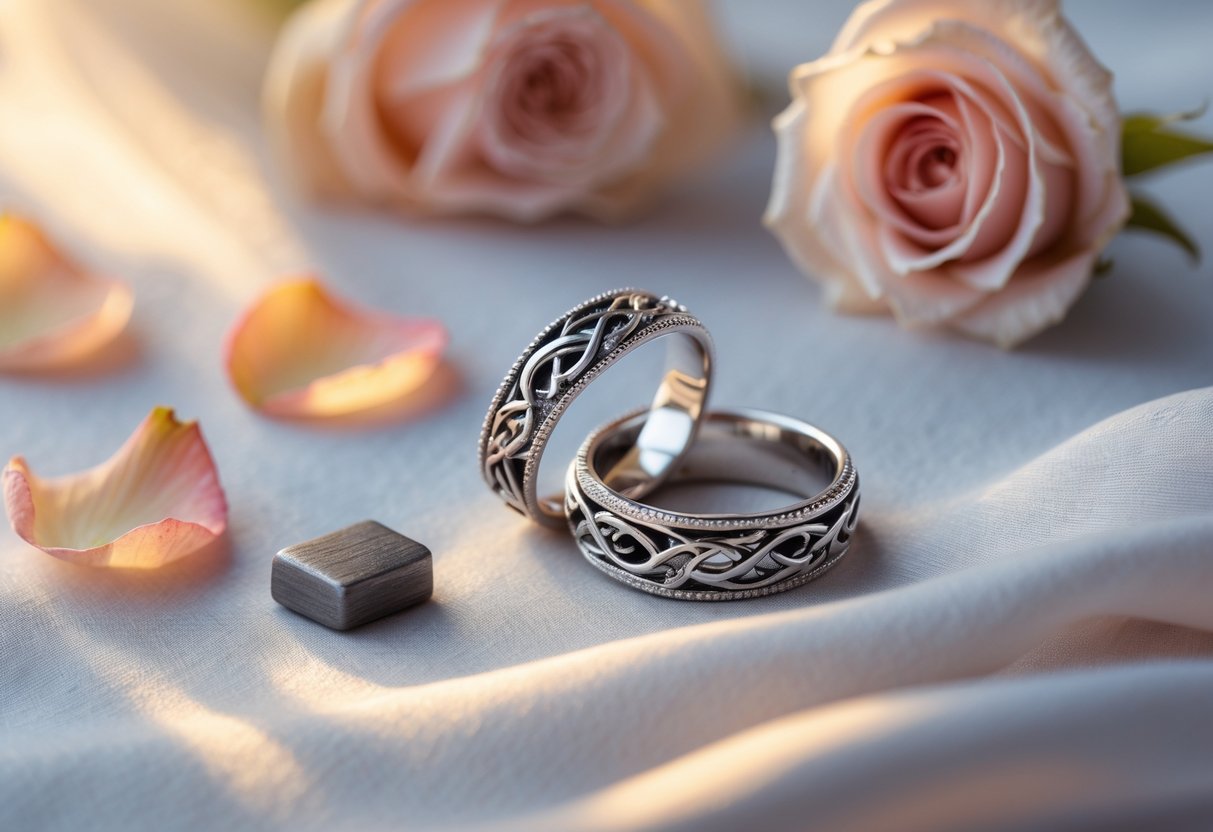 Close-up of intertwined silver rings on soft fabric, surrounded by rose petals and a small piece of metal, symbolizing strength and love.
