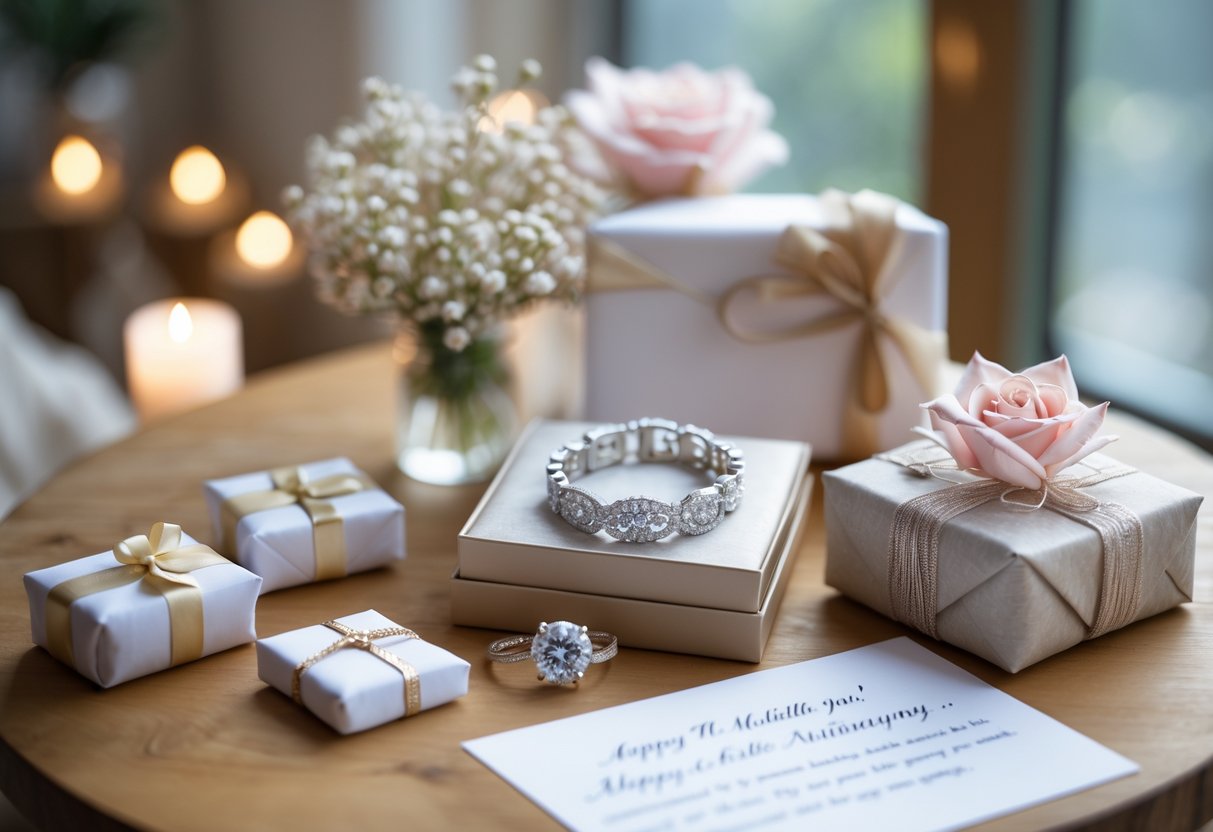 A close-up of a jewelry gift with a necklace on a wooden table surrounded by flowers, a small wrapped box, and a handwritten note.