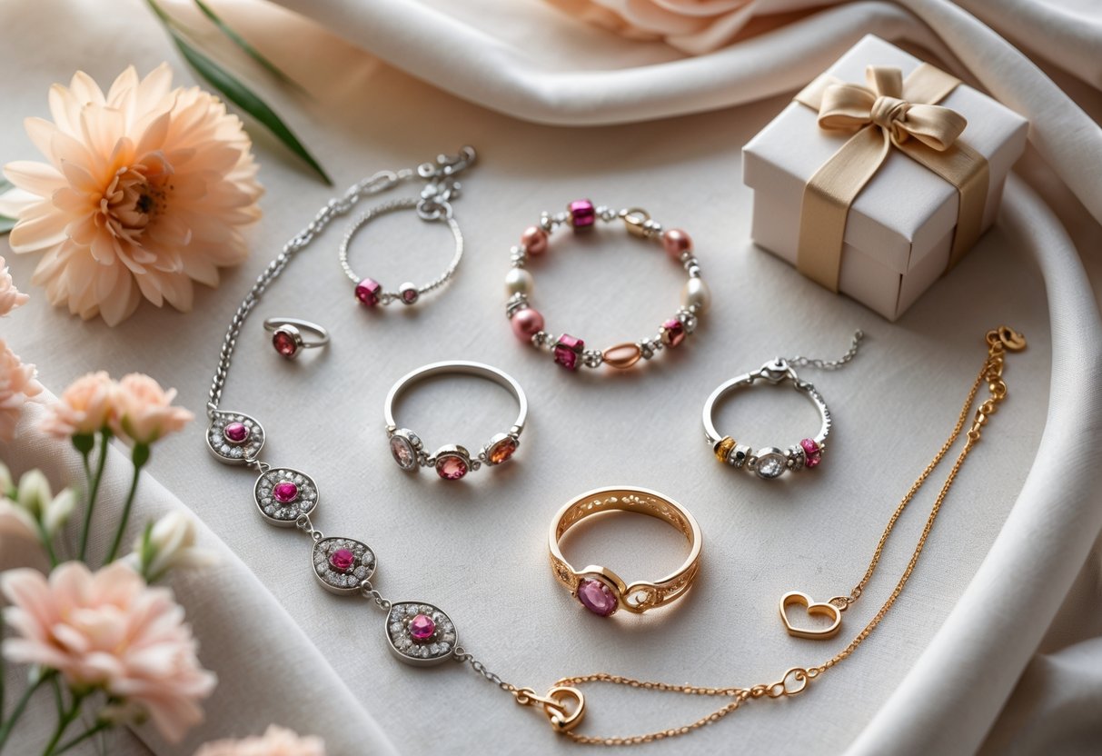 A close-up of elegant jewelry pieces arranged on fabric with flowers and a gift box, symbolizing a 6th anniversary celebration.
