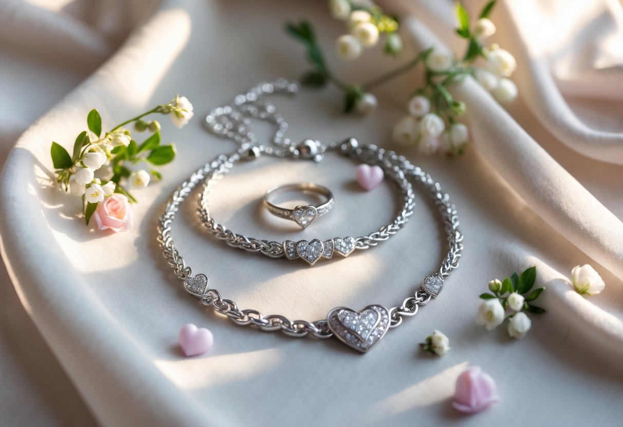 Close-up of elegant anniversary jewelry including a necklace, bracelet, and ring arranged on soft fabric with flowers.