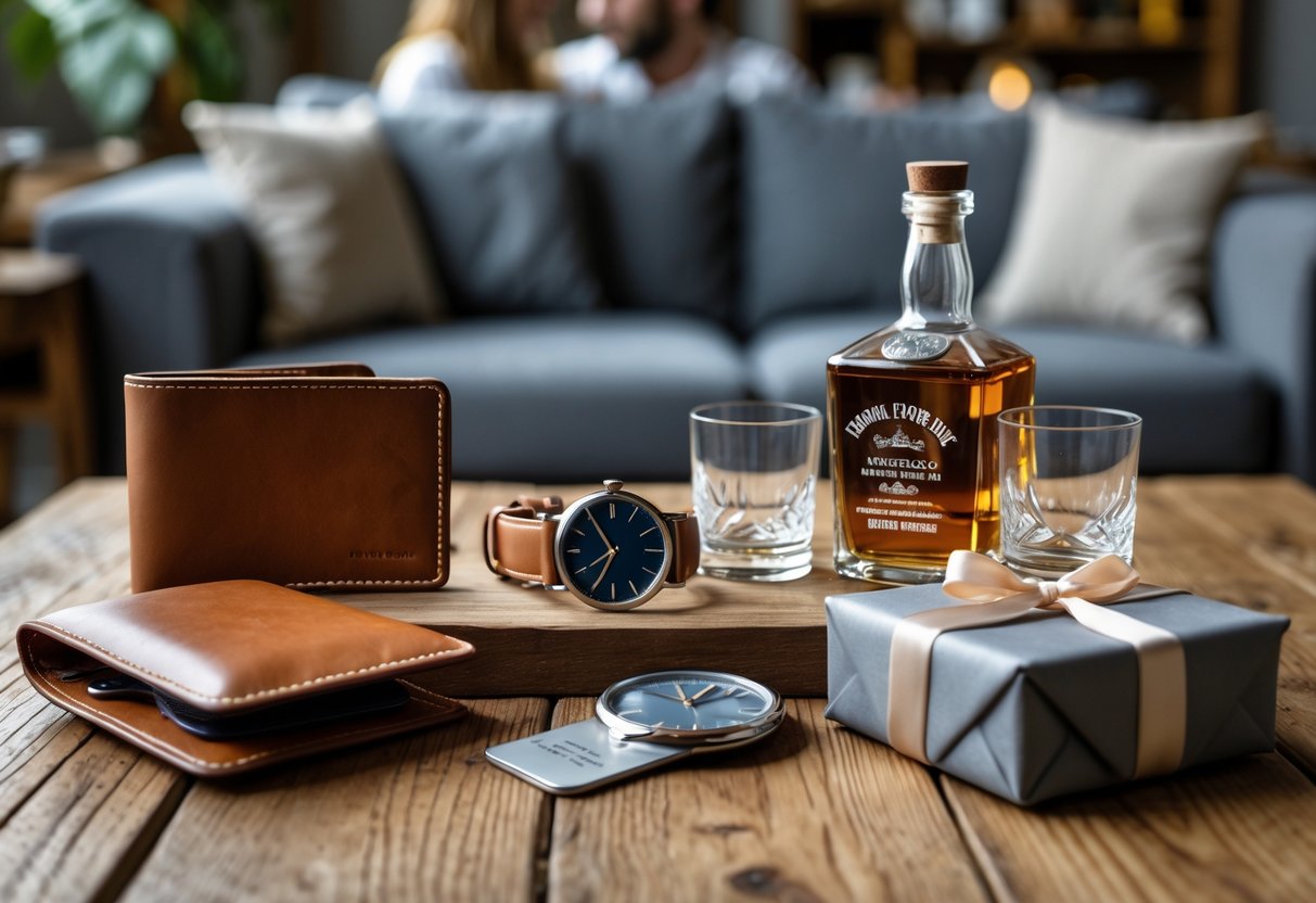 A wooden table displaying a leather wallet, wristwatch, engraved keychain, bottle of whiskey with glasses, and a wrapped gift box, with a cozy living room and a couple in the background.