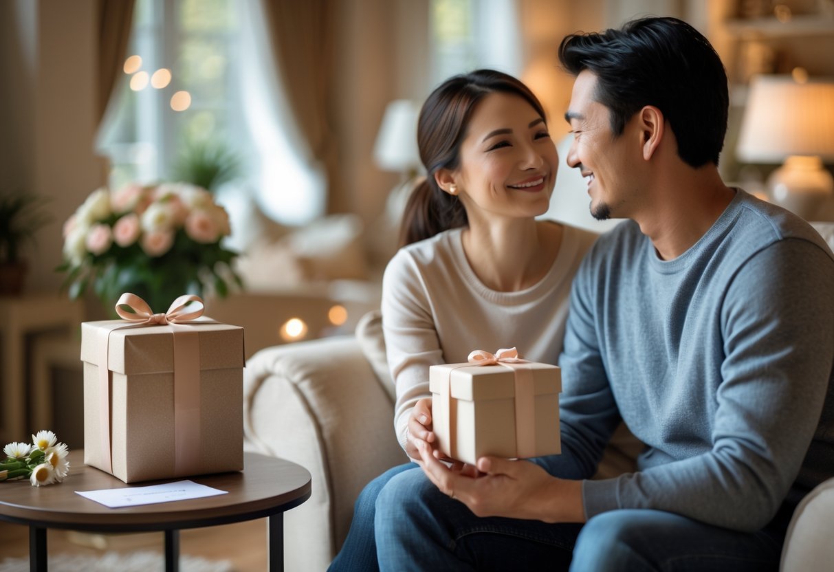 A couple sharing a tender moment while celebrating their 6-year anniversary with a wrapped gift and flowers in a cozy living room.
