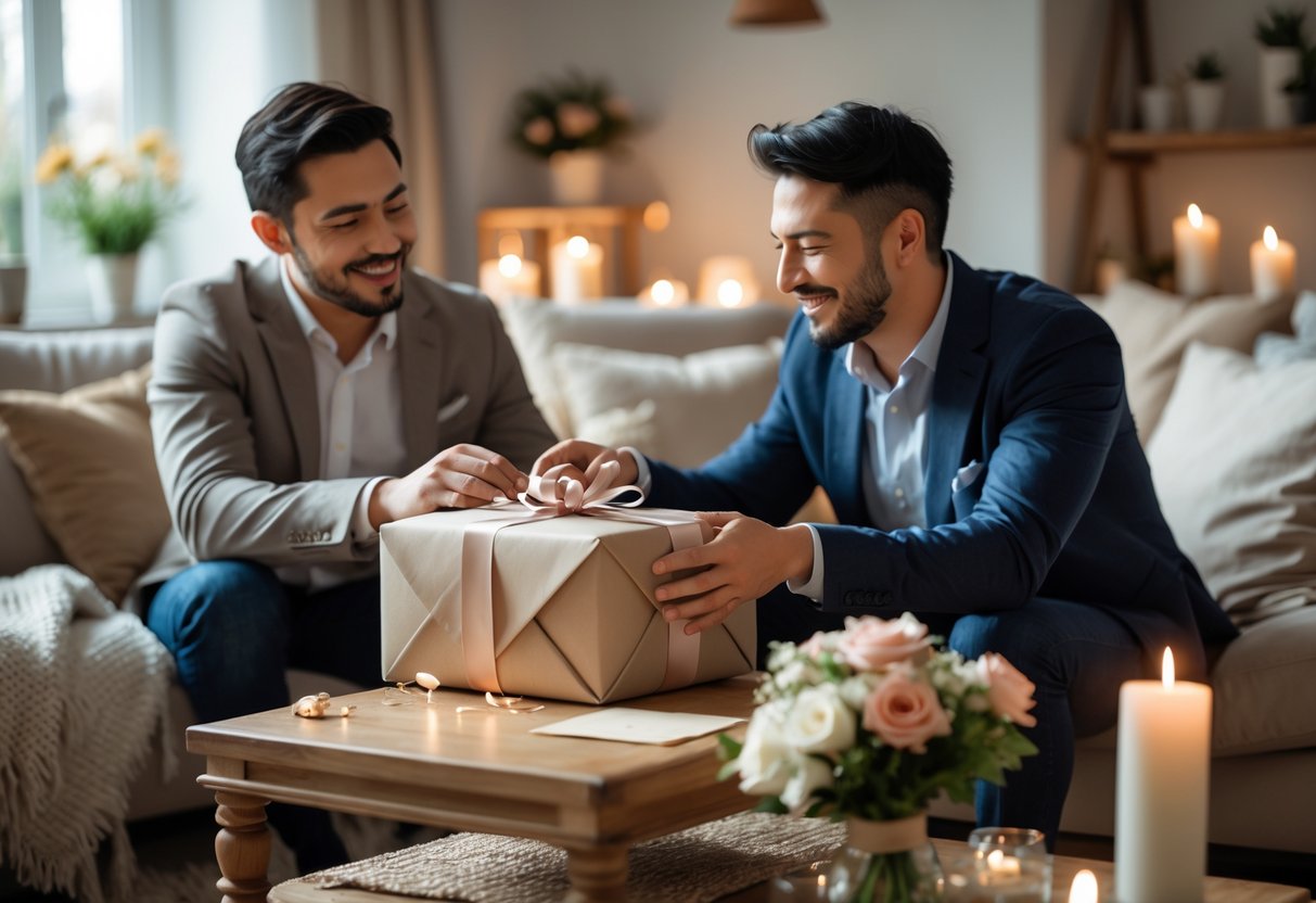 A man receiving a wrapped anniversary gift from his partner in a cozy living room with flowers and candles nearby.