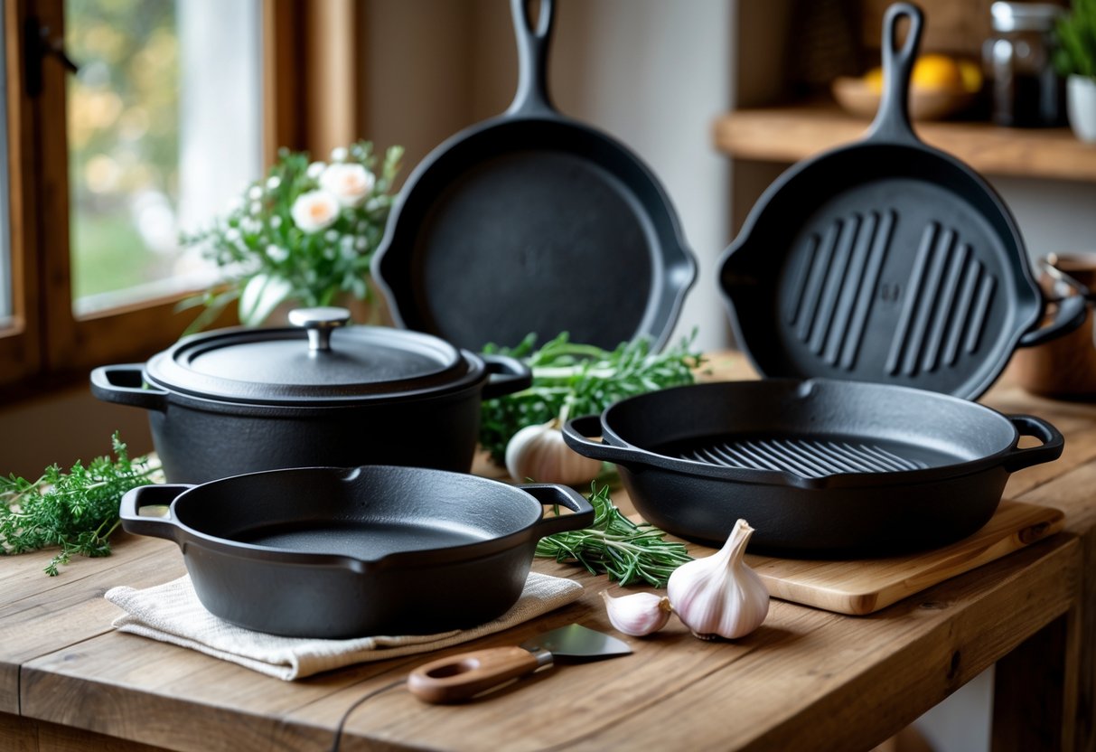 A set of cast iron cookware arranged on a wooden table with herbs and flowers, creating a warm and inviting kitchen scene.