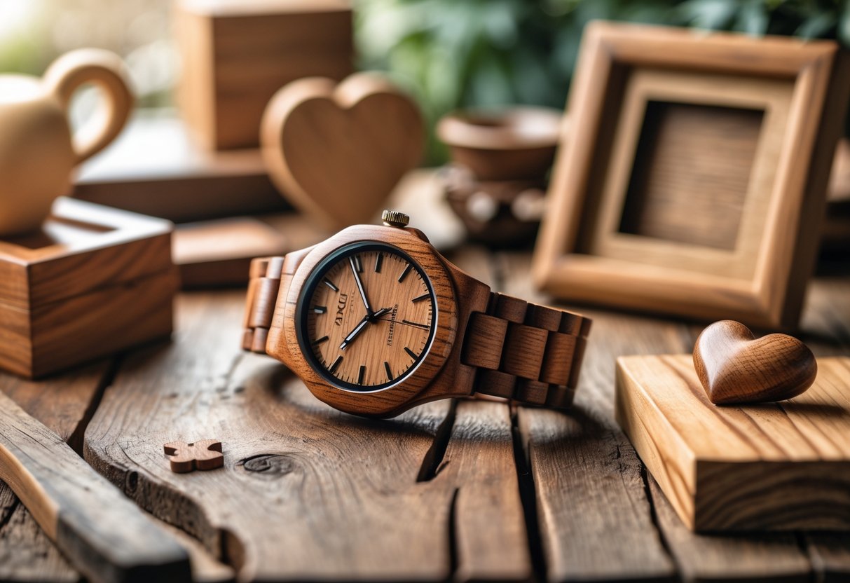 A wooden watch and other wooden items arranged on a wooden table with warm natural lighting.