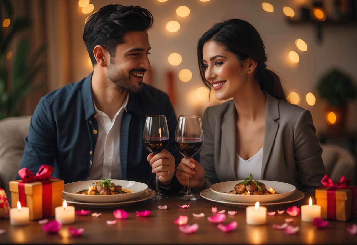A couple holding hands across a candlelit dinner table with a small gift box nearby, surrounded by romantic decorations.