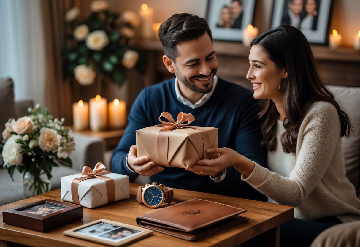 A couple celebrating their 6-year anniversary as the man receives a personalized gift from his partner in a cozy living room with romantic decorations.