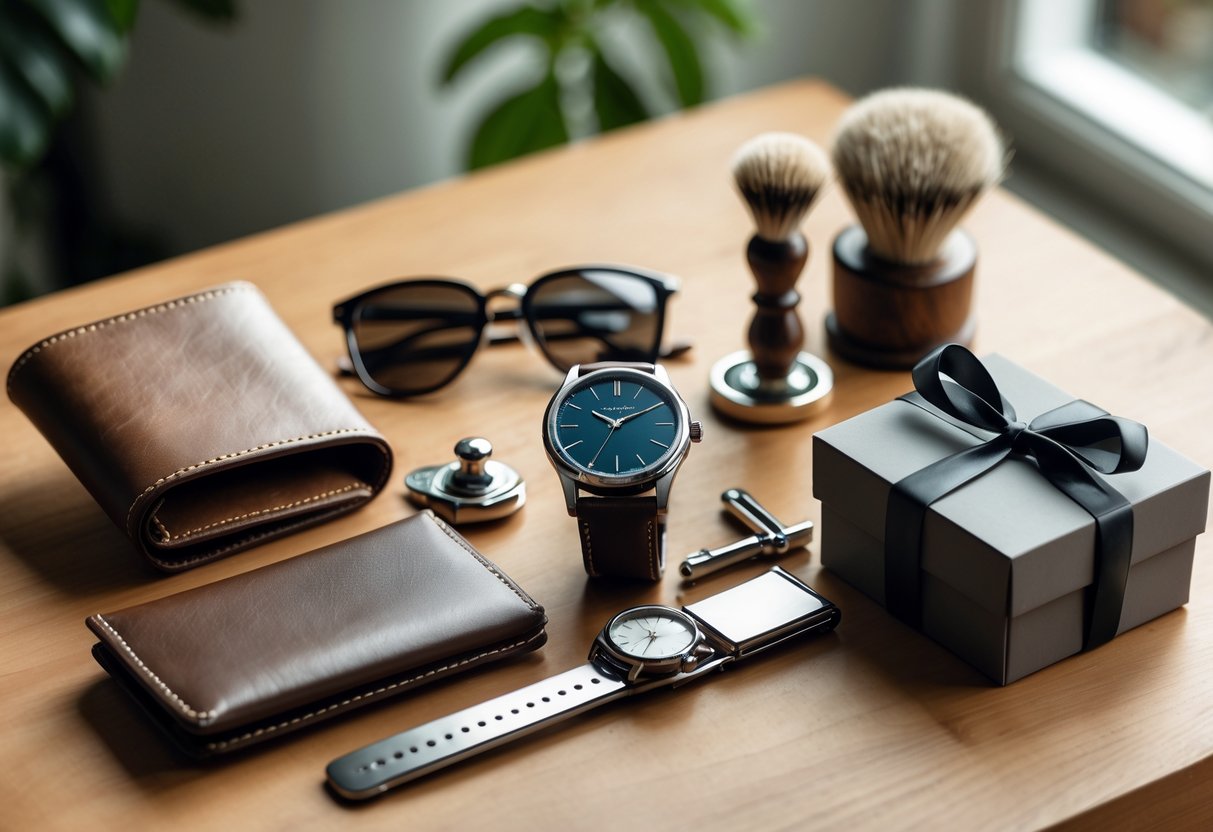 A collection of practical anniversary gifts including a leather wallet, wristwatch, sunglasses, grooming kit, key organizer, and a small gift box arranged on a wooden surface.