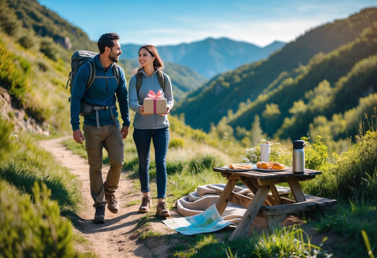 A couple on a hiking trail surrounded by greenery and mountains, with a picnic setup nearby and the woman holding a small gift box.