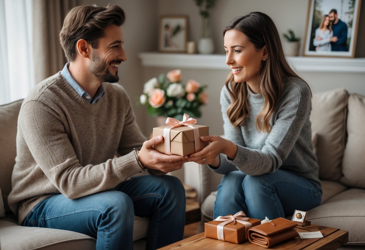 A couple exchanging a small wrapped gift in a cozy living room with anniversary decorations and practical presents on a table nearby.