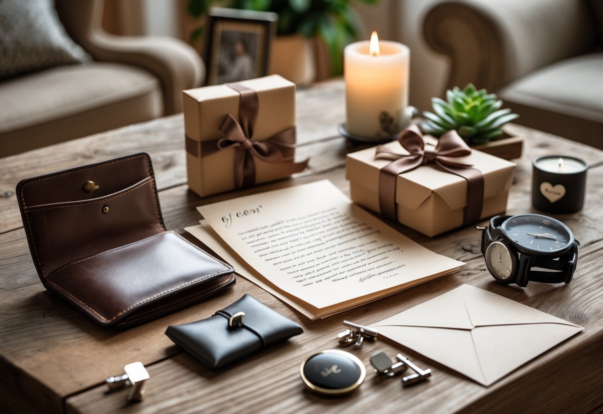 A collection of thoughtful anniversary gifts for him arranged on a wooden table, including a leather wallet, engraved watch, wrapped box, love letter, succulent plant, and cufflinks.