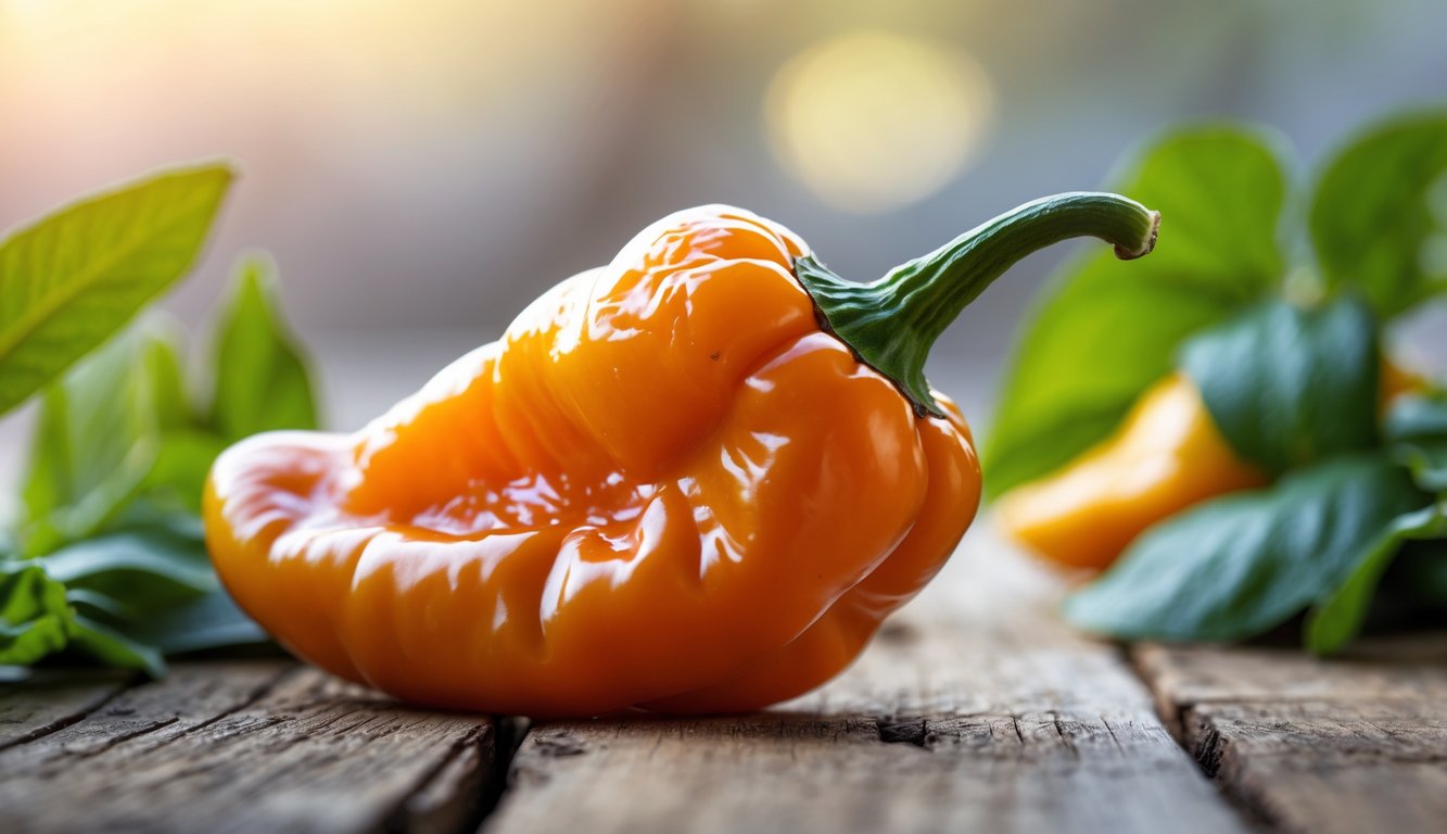 Sebuah cabai habanero oranye segar diletakkan di atas permukaan kayu dengan daun hijau di sekitarnya.