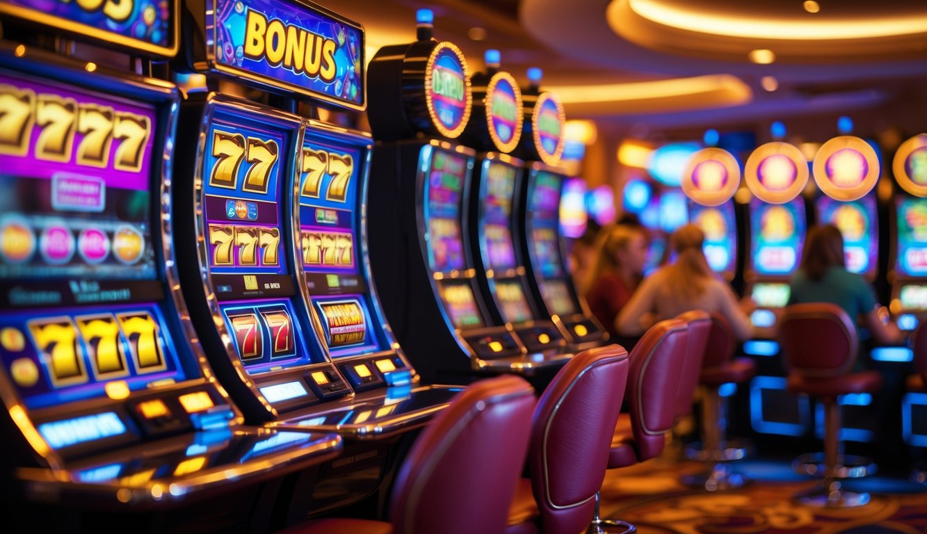 Area mesin slot kasino dengan mesin slot berwarna cerah yang menunjukkan kombinasi kemenangan dan suasana ramai pemain yang senang.