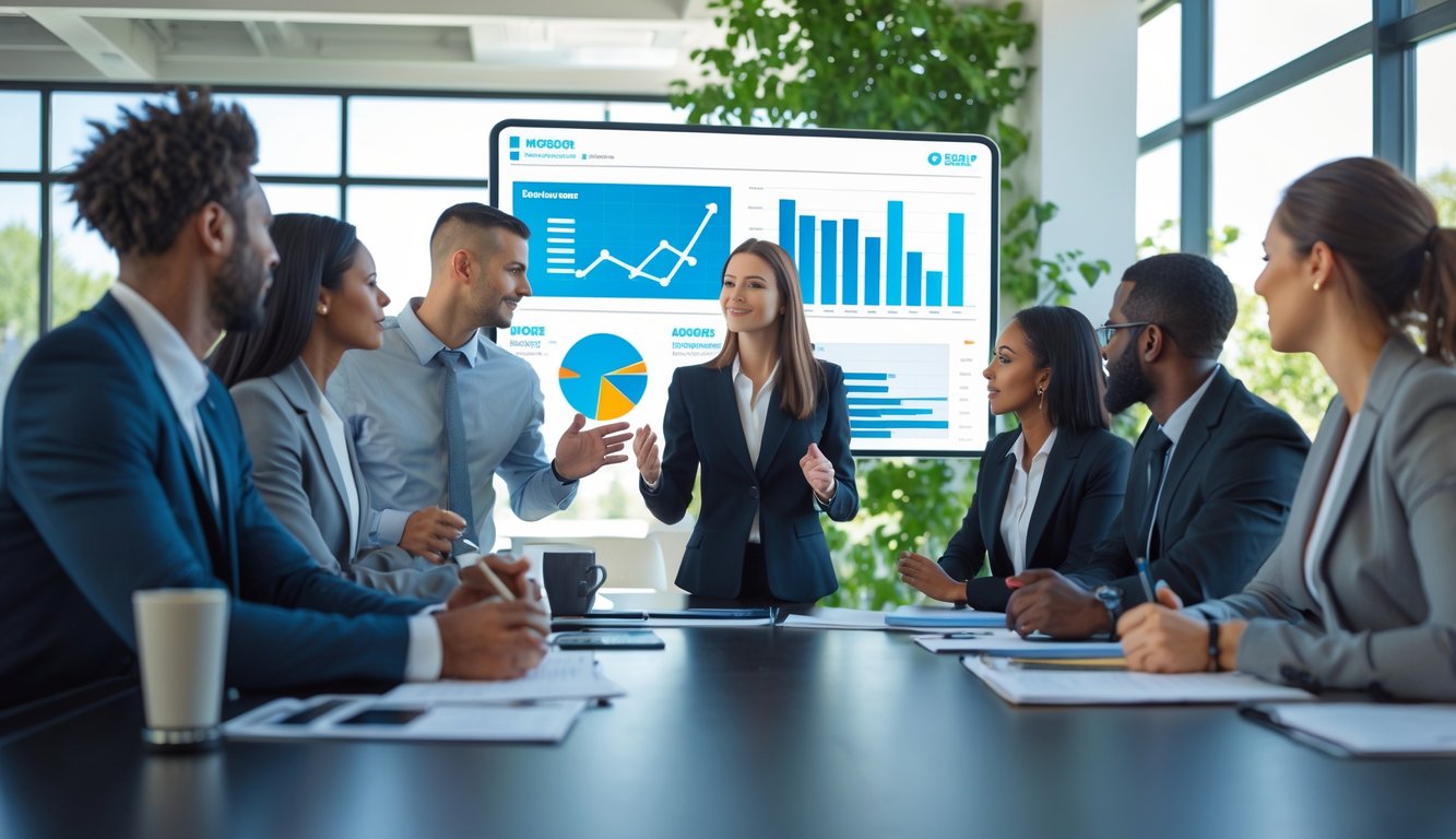 Sekelompok profesional bisnis sedang bekerja sama di ruang kantor modern dengan layar digital besar.