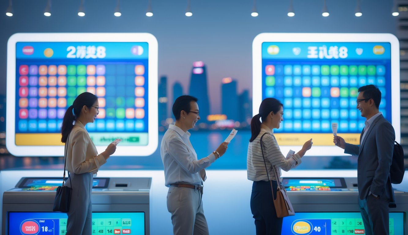 Orang-orang di lingkungan lotere modern dengan layar digital menampilkan angka dan grafik, dengan latar belakang samar gedung-gedung di Singapura.