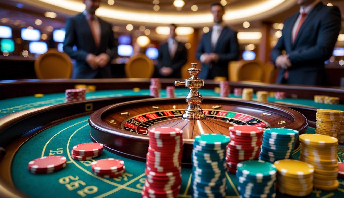 Meja roulette dengan roda berputar dan chip taruhan di kasino yang mewah.