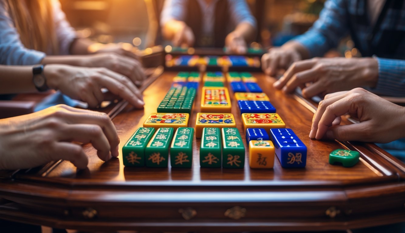 Meja Mahjong dengan ubin warna-warni dan tangan pemain yang sedang bermain.