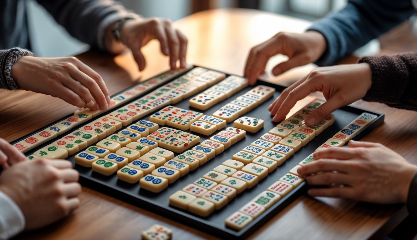 Meja permainan mahjong dengan ubin mahjong yang rapi dan tangan pemain yang sedang bermain.