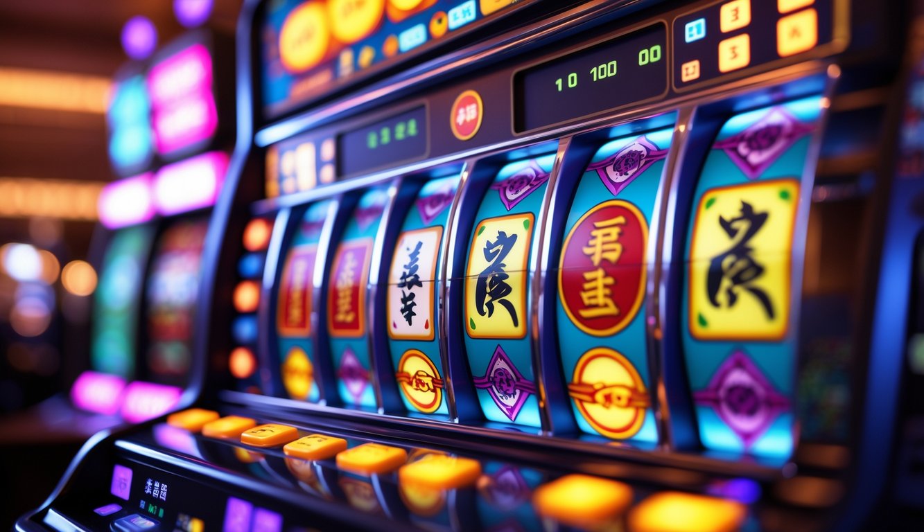 Tampilan dekat mesin slot dengan simbol ubin Mahjong berwarna-warni di latar belakang kasino yang samar.