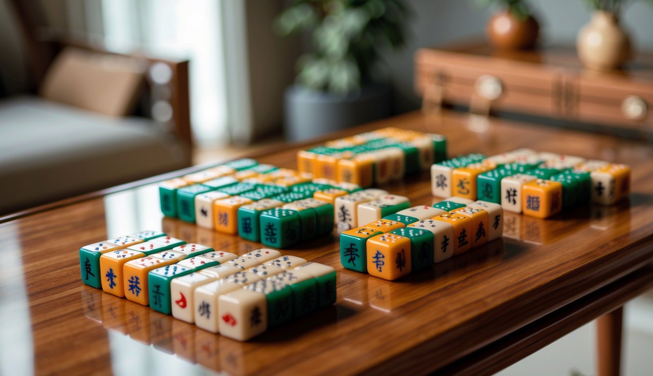 Meja kayu dengan permainan mahjong yang tertata rapi dan beberapa ubin mahjong berwarna-warni terlihat jelas.