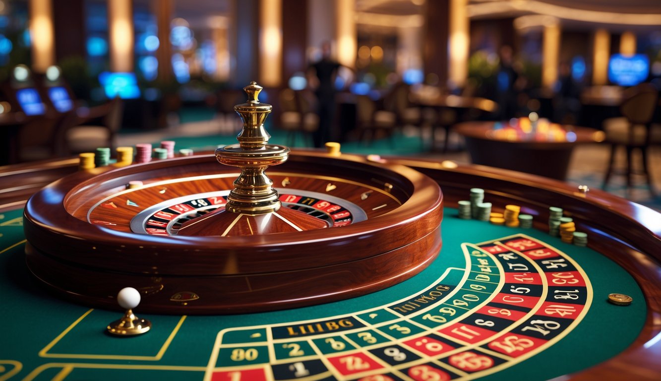 Meja roulette kasino dengan roda kayu berkilau, bola putih di salah satu nomor, dan chip taruhan di atas meja hijau.