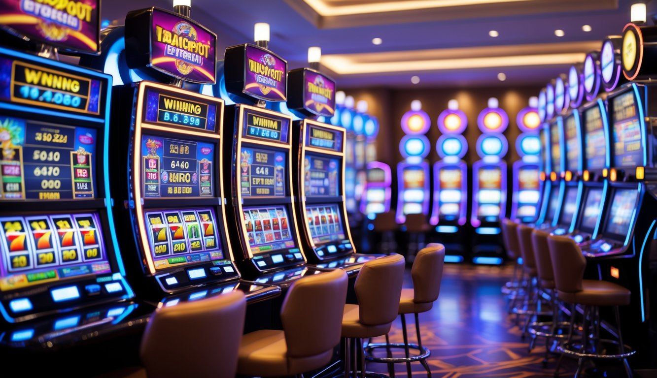 Area mesin slot modern yang berwarna-warni dengan lampu terang dan layar digital, menampilkan suasana kasino yang hidup dan menarik.