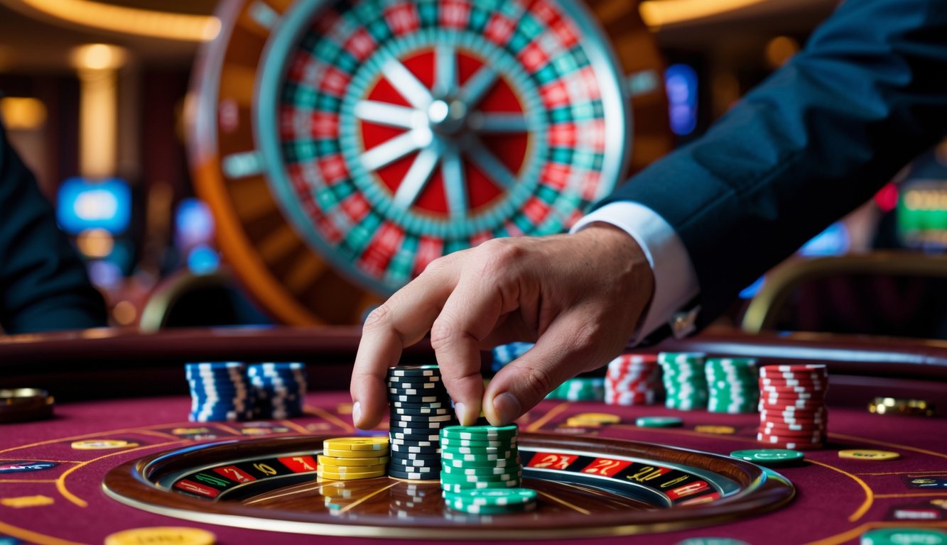 Tangan pemain sedang meletakkan chip di meja roulette di kasino dengan roda roulette berputar di latar belakang.