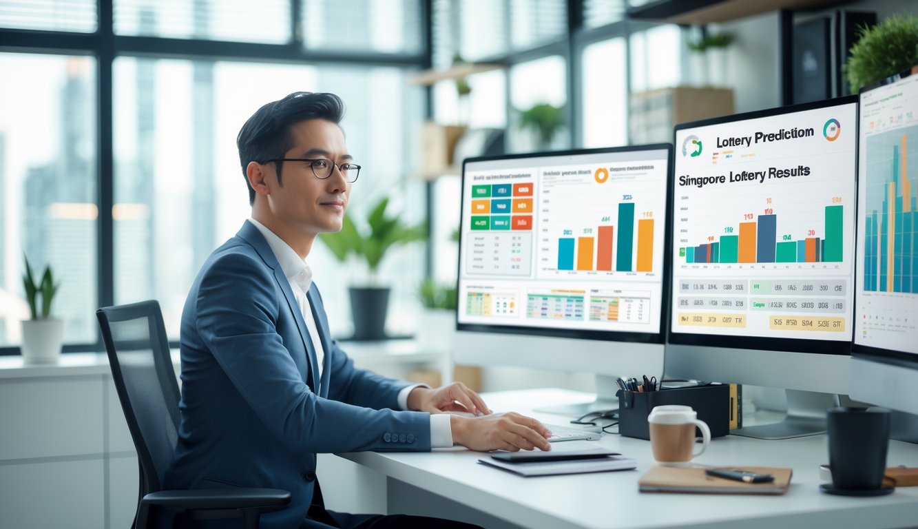 Seorang profesional duduk di meja kerja dengan beberapa layar komputer menampilkan grafik dan data, fokus pada analisis prediksi togel Singapura.