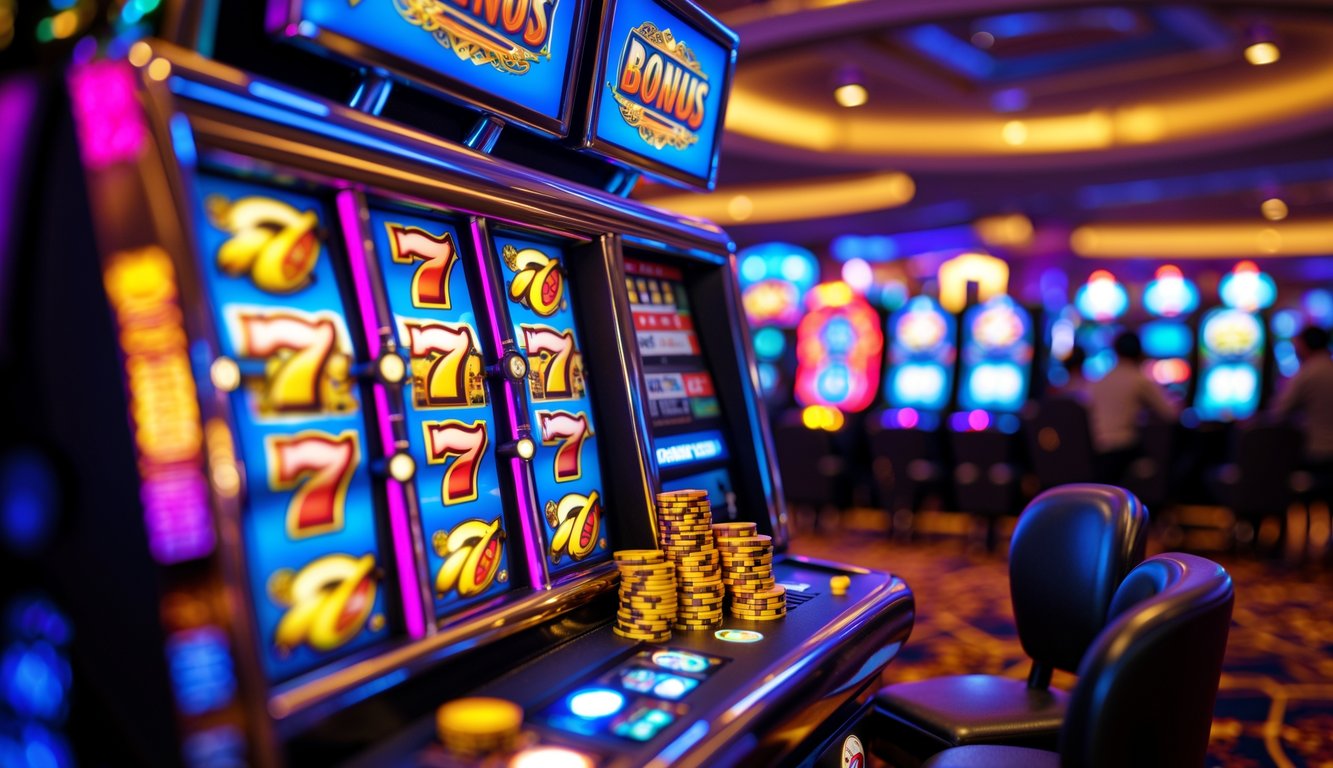 Mesin slot di kasino dengan koin dan chip yang keluar saat bonus dimenangkan.