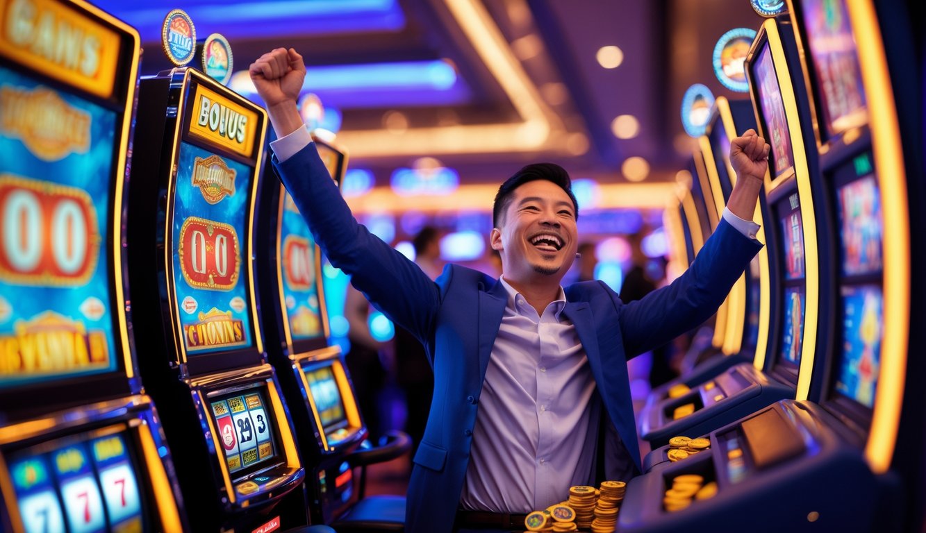 Seorang pemain di kasino yang sedang merayakan kemenangan besar di mesin slot dengan koin dan chip bertebaran di sekitarnya.