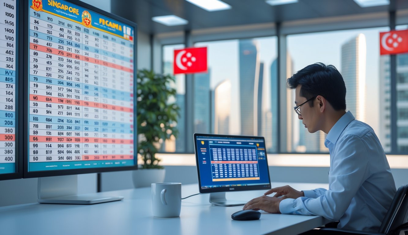 Seorang profesional sedang menganalisis hasil togel dengan tampilan angka di layar komputer di ruangan kantor modern.