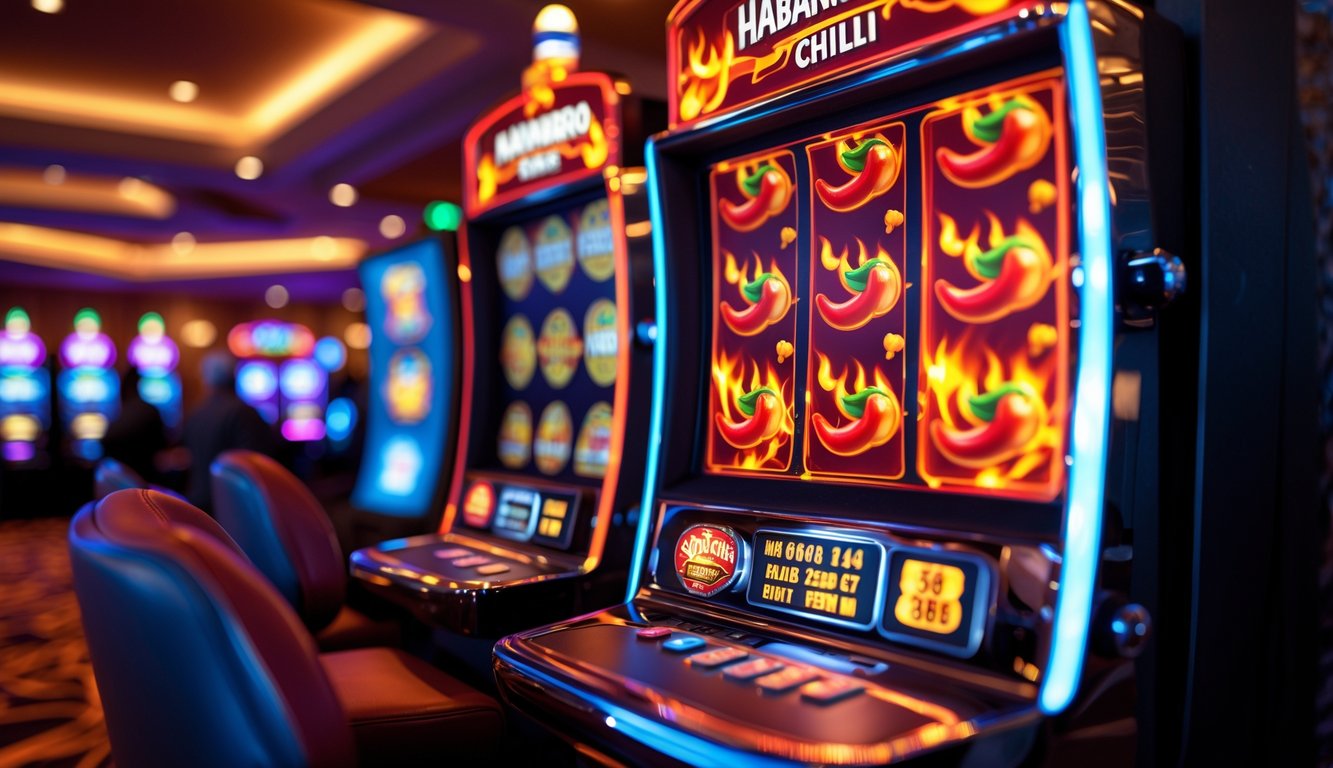 Area mesin slot di kasino dengan mesin slot bertema cabai habanero yang menyala dan suasana ramai.