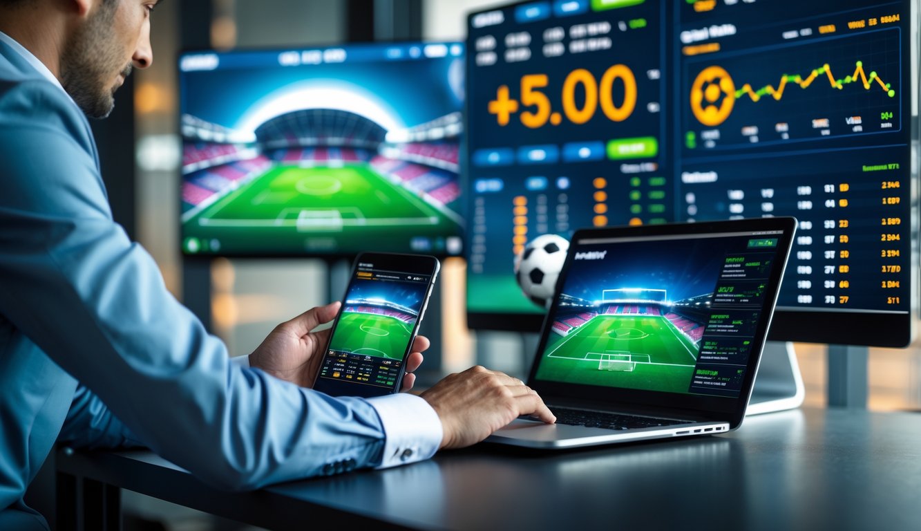 Seseorang menggunakan laptop dan ponsel untuk melihat statistik dan peluang taruhan sepak bola di layar komputer.
