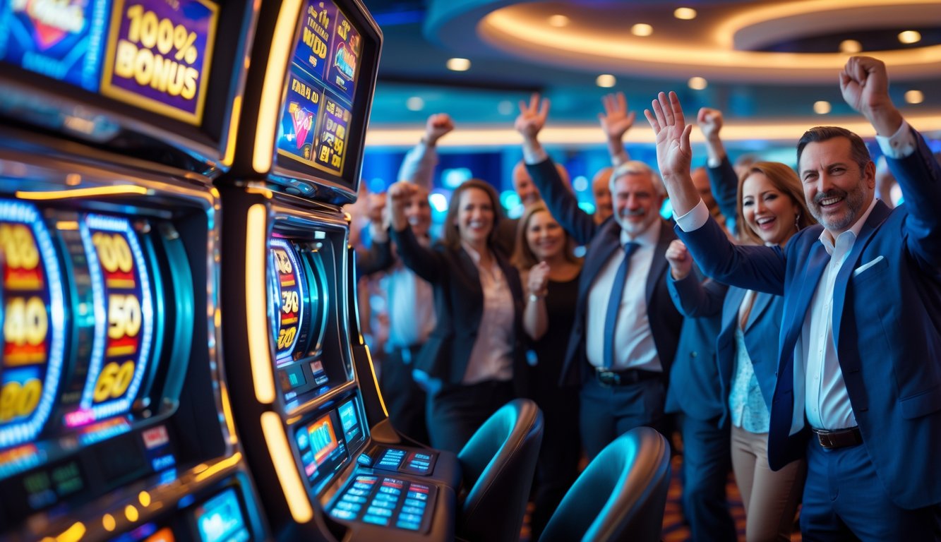 Mesin slot modern yang berwarna-warni dengan orang-orang yang bahagia merayakan kemenangan di kasino.