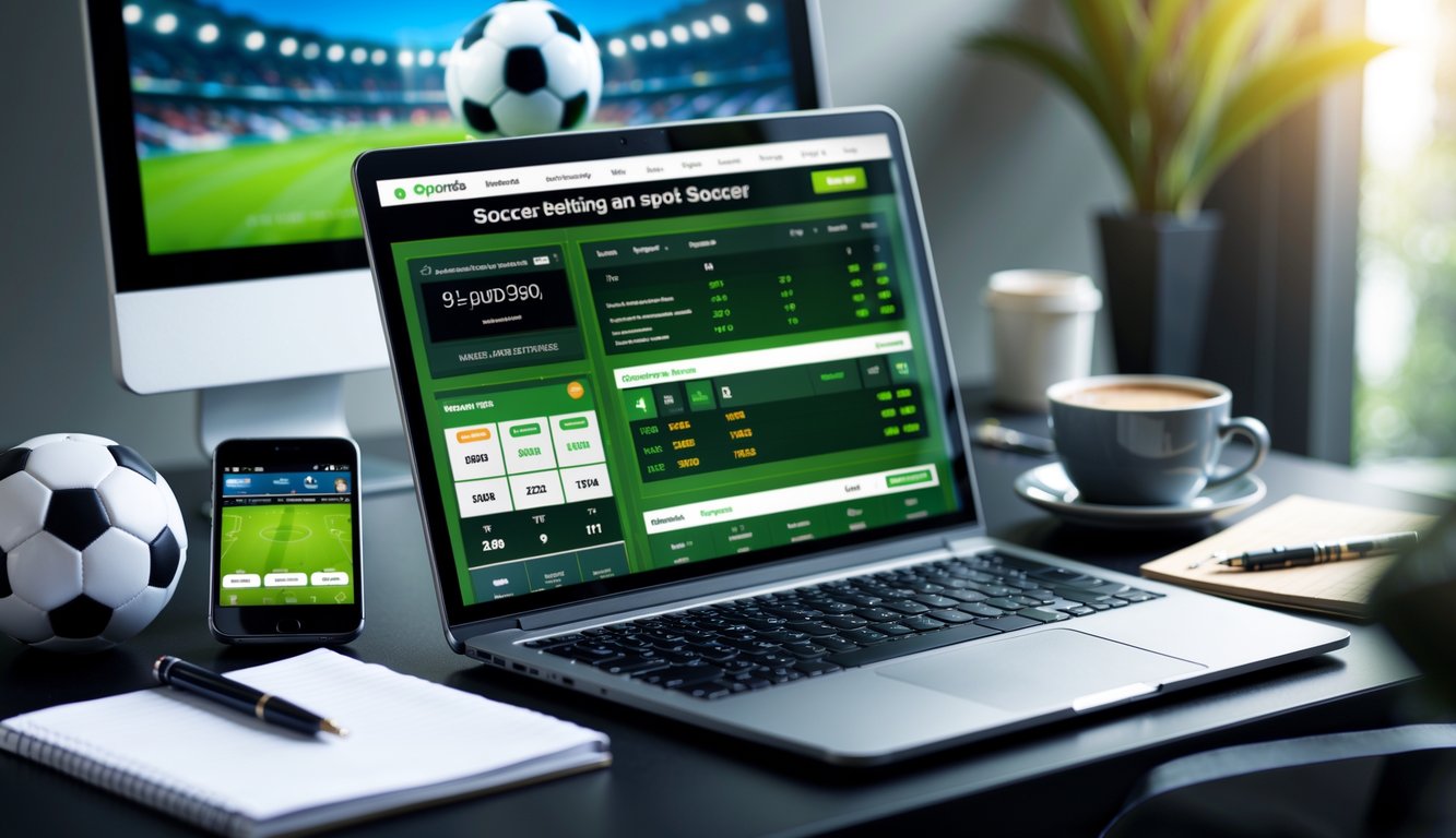 Seorang pria menggunakan laptop di meja kerja dengan tampilan situs taruhan sepak bola online di layar, dikelilingi oleh ponsel, kopi, dan alat tulis.