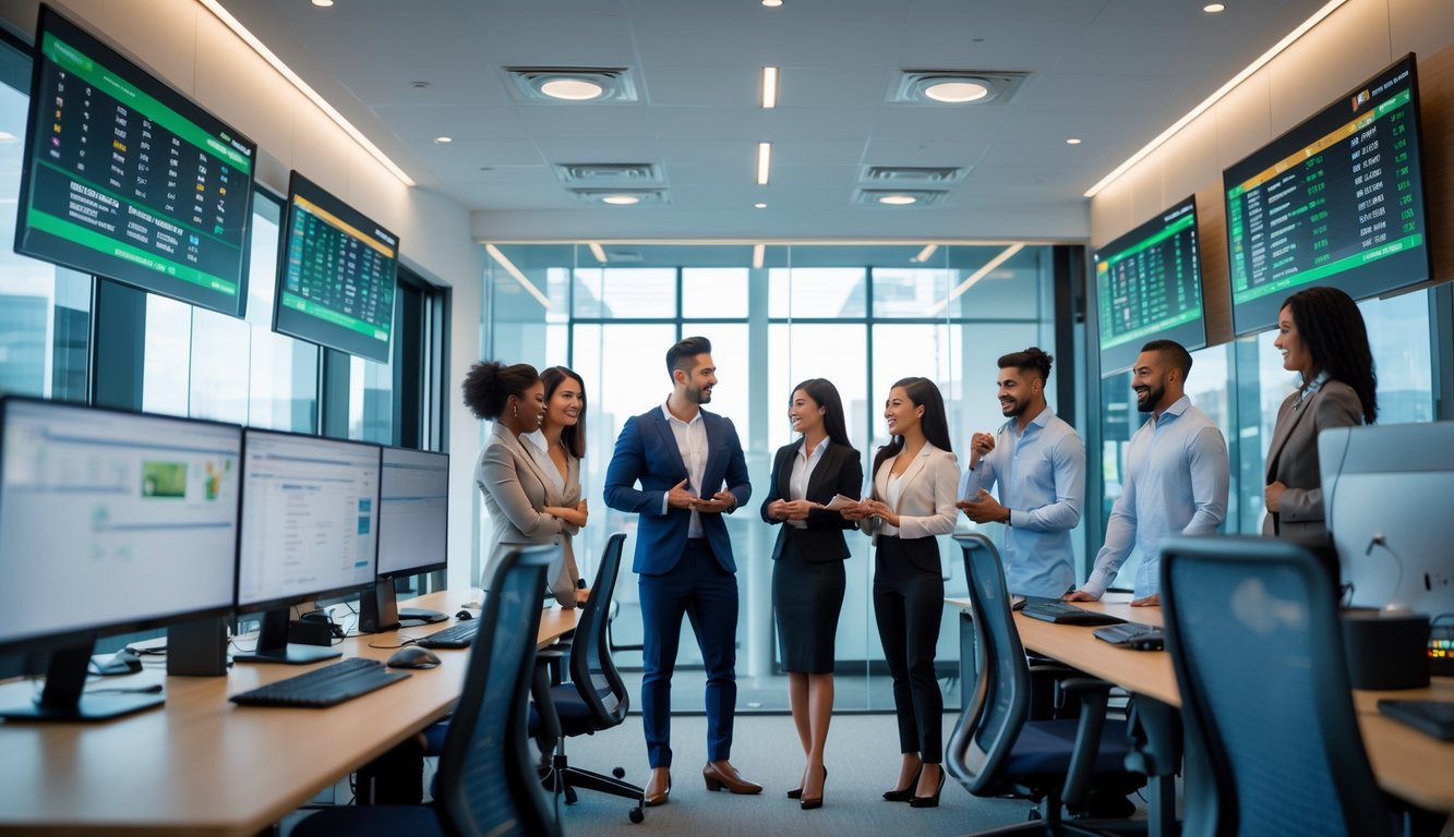 Dua orang profesional sedang berdiskusi di kantor modern dengan layar komputer yang menampilkan data pertandingan sepak bola.