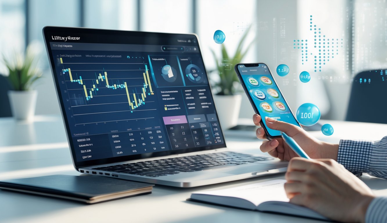 Seseorang sedang bekerja di meja dengan laptop dan smartphone yang menampilkan data prediksi togel online, di ruang kantor yang terang dan rapi.